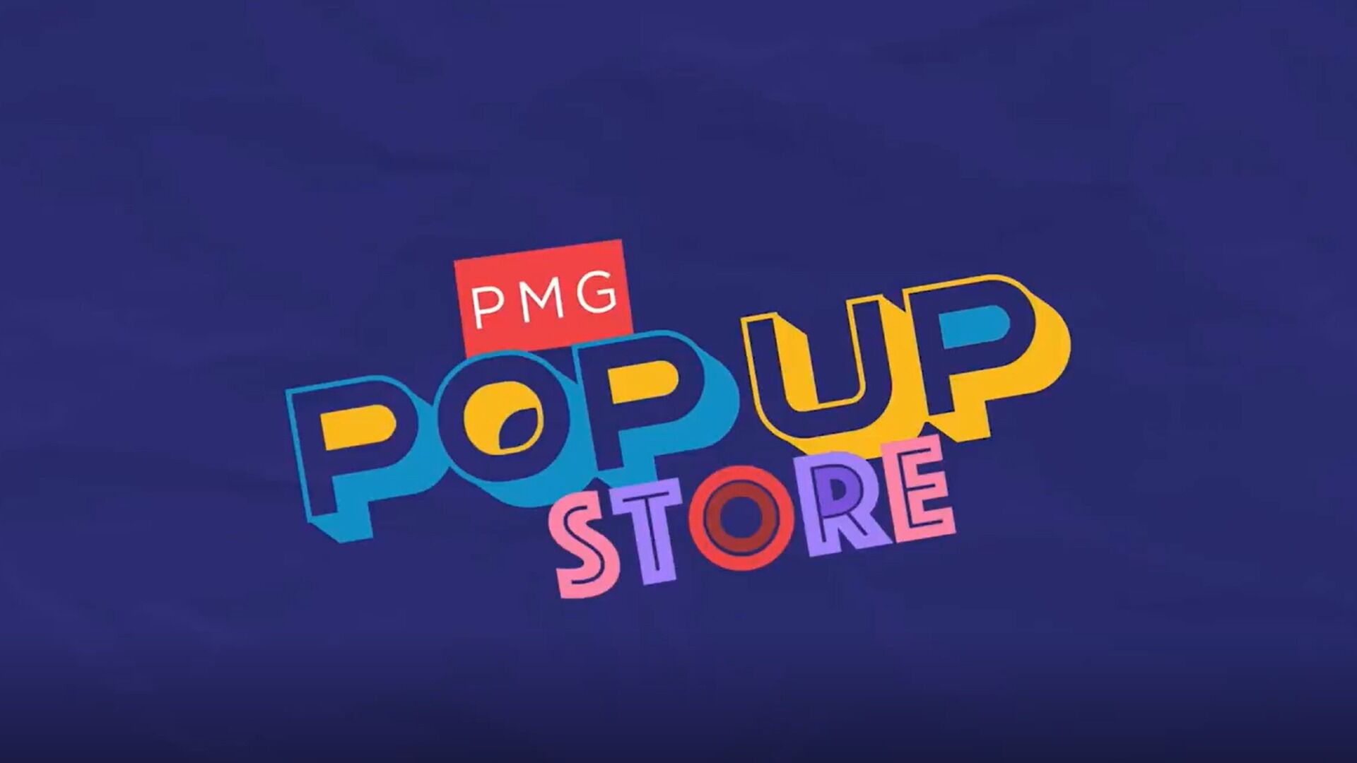 PMG pop-up store logo displayed prominently on a blue background.
